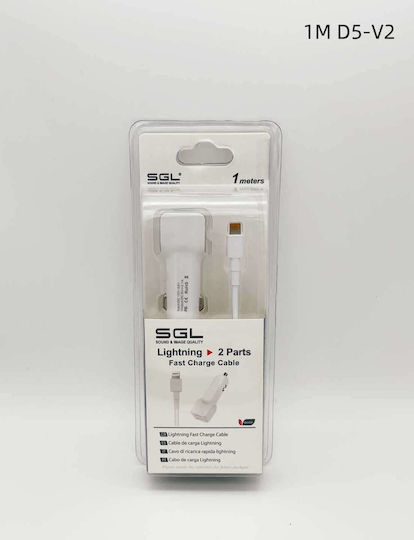 SGL D5-V2 Car Charger 1A Fast Charging with Ports: 2xUSB with Cable Lightning White Color