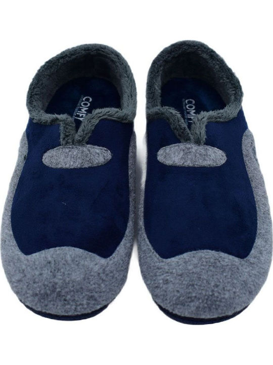 Heel Enclosed Men's Slippers with Fur Blue