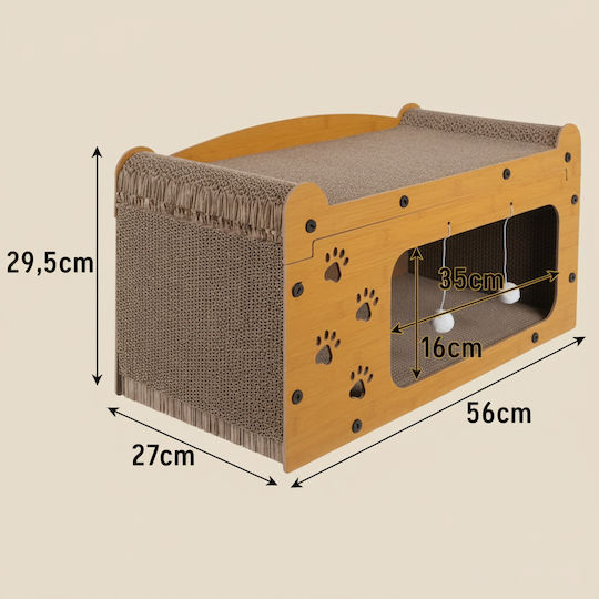 Căsuță 3 În 1 Pentru Pisici Zola Spațiu De Ascuțit Ghearele 2 Jucării Material HDF Carton Ondulat 29,5 X 56 X 27 Cm Maro
