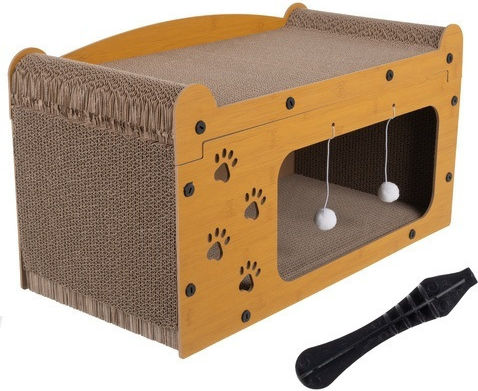 Căsuță 3 În 1 Pentru Pisici Zola Spațiu De Ascuțit Ghearele 2 Jucării Material HDF Carton Ondulat 29,5 X 56 X 27 Cm Maro