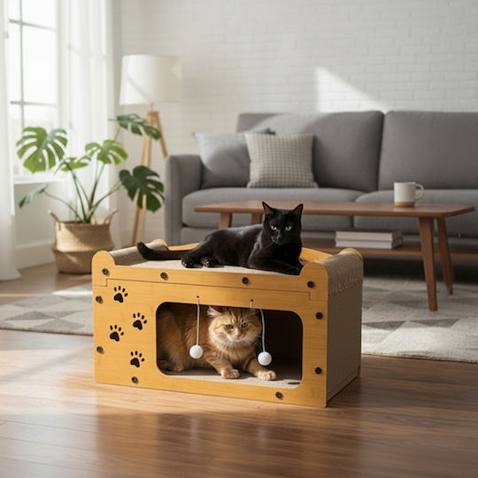 Căsuță 3 În 1 Pentru Pisici Zola Spațiu De Ascuțit Ghearele 2 Jucării Material HDF Carton Ondulat 29,5 X 56 X 27 Cm Maro
