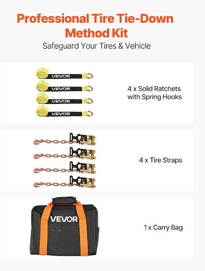 Wheel Chock Tie Down Kit Vevor Car Towing Strap Tire Type Car Tie Down Kit Heavy Duty Hook Break Strength 4540 Kg & Working Load 1512 Kg Motorcycle Atv Suv Snowmobiles Tie Down System