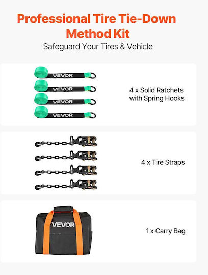 Vevor Wheel Chock Tie Down Kit Car Towing Strap Tire Type Kit Car Tie Down Heavy Duty Hook Break Strength 4540 Kg & Working Load 1512 Kg Motorcycle Tie Down System O Ring Atv Suv