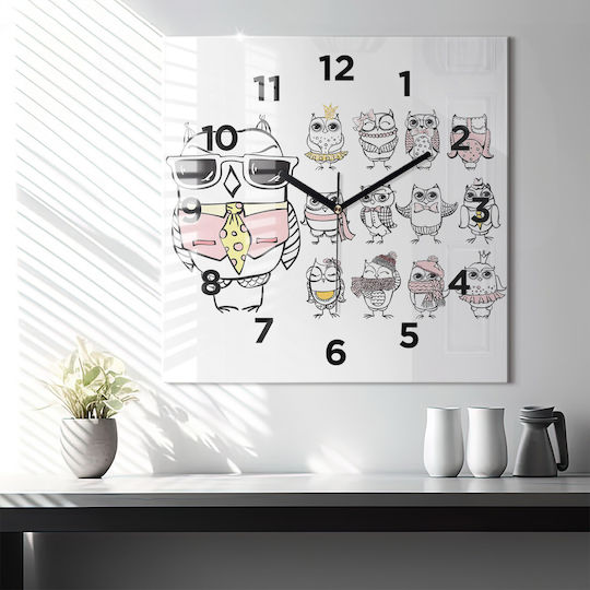 Tulup Ceas de Perete pentru Copii, Poster Vintage cu Bufnițe, din Sticlă, 60x60 cm