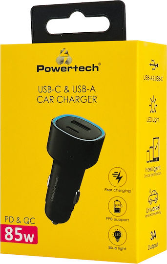 Powertech PT 1539 Φορτιστής Αυτοκινήτου 85W 2.4A Γρήγορης Φόρτισης με Θύρες: 1xUSB 1xType-C Μαύρο Χρώμα