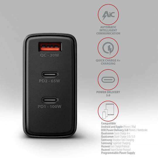 Axagon Charger Without Cable GaN with USB-A Port and 2 USB-C Ports 100W Power Delivery / Quick Charge 3.0 Blacks (ACU-DPQ100)