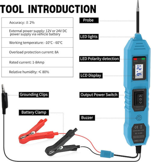 Techstar 823 Tester de Tensiune Auto Circuite Electrice 6-24v Afișaj Lcd Cleme Led Sondă din Oțel Inoxidabil