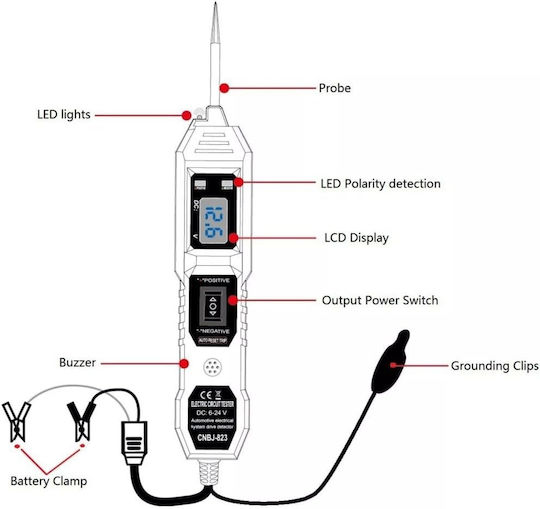 Techstar 823 Tester de Tensiune Auto Circuite Electrice 6-24v Afișaj Lcd Cleme Led Sondă din Oțel Inoxidabil