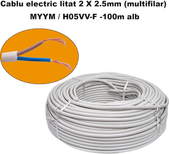Cablu Electric Multifilar 2 X 2.5mm Myym H05vv-f Rola 100 Metri Alb
