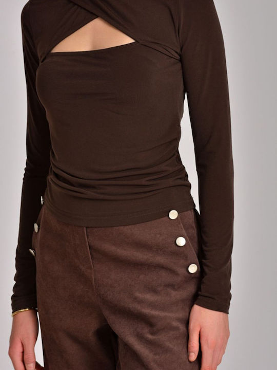 Women's Fabric Trousers with Elastic Brown