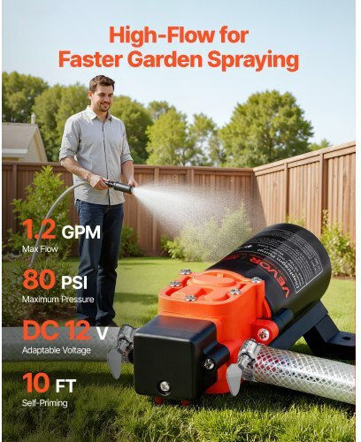 Water Pressure Pump Vevor 12V DC 1.2 GPM 4.5 L Min Diaphragm Self-Priming Water Pump 2 Chambers 2 Hose Clamps Maximum Pressure 80 PSI Quiet Operation RV Caravan Marine Garden Irrigation