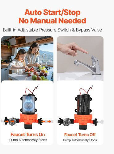Water Pump Vevor RV 12V DC 4 GPM 15.1 L Min Diaphragm Self-Priming 3-Chamber Automatic Pressure Switch Maximum Pressure 40 PSI Custom RV Caravan Marine Yacht Car Wash
