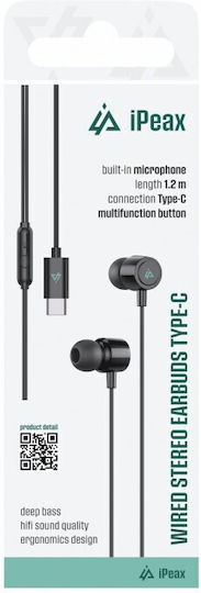 iPEAX In-ear Handsfree Ακουστικά με Βύσμα USB-C Μαύρο
