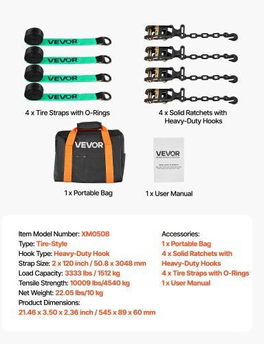 Vevor Wheel Chock Tie Down Kit Car Towing Strap Tire Type Car Tie Down Kit Heavy Duty Hook Break Strength 4540 Kg & Working Load 1512 Kg Motorcycle ATV SUV Trailer Tie Down System