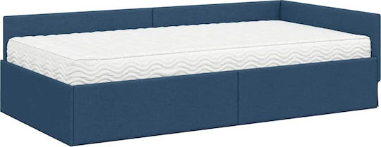 Pat Single Tapițat cu Material Albastru cu Plăci Potrivit pentru Saltea 90x190cm