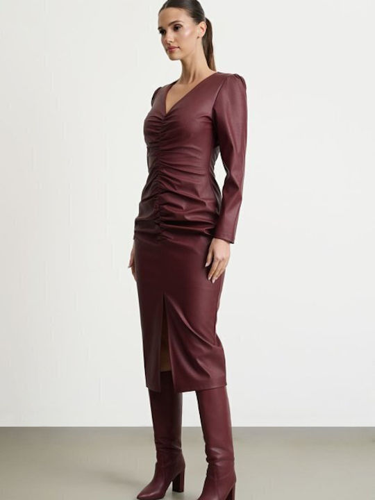 Midi Evening Dress Leather with Slit Burgundy