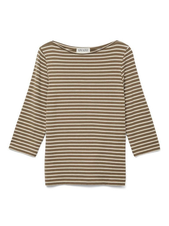 Aware Damen Bluse mit 3/4 Ärmel & U-Boot-Ausschnitt Beige