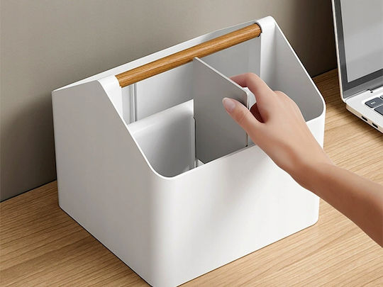 Desk Organizer Zola 4 Compartments Wooden Handle Plastic 18 X 16.5 X 16.5 Cm White