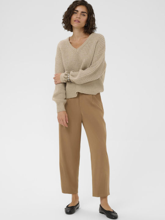 Damen Hoch tailliert Stoff Hose Coffee Open