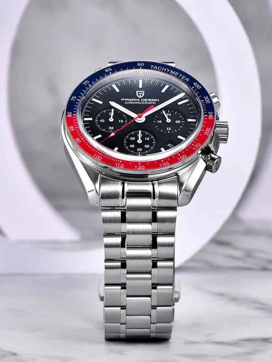 Pagani Design Ανδρικό Ρολόι 40mm Χρονογράφος Μπαταρίας με Ασημί Ατσάλινο Μπρασελέ