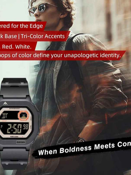 North Edge Ceas Digital Bărbătesc 13mm cu Baterie cu Curea din Cauciuc Negru