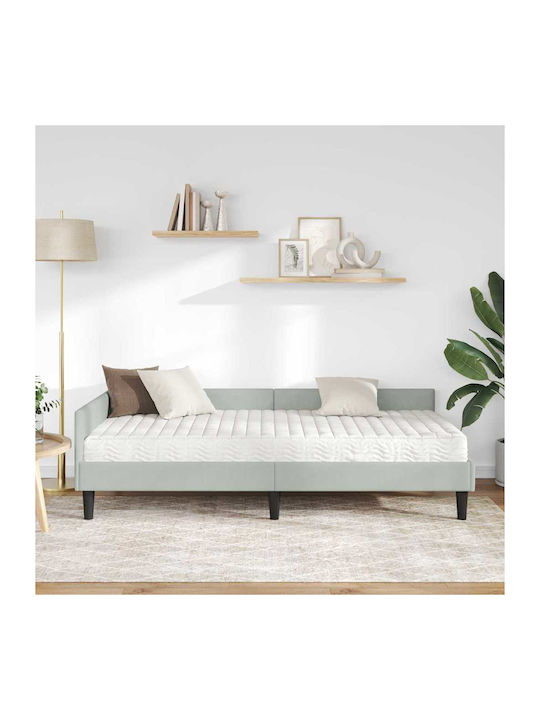 Pat Single Tapițat cu Catifea Gri Deschis cu Plăci și Saltea 94x190cm