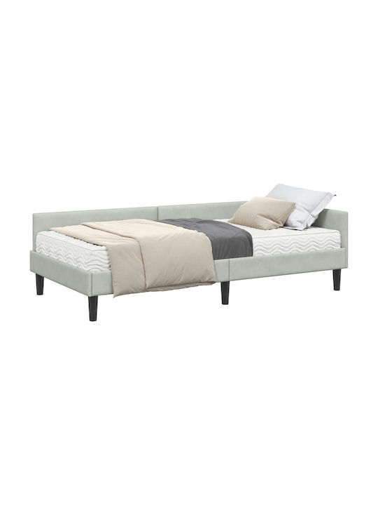 Pat Single Tapițat cu Catifea Gri Deschis cu Plăci și Saltea 94x190cm