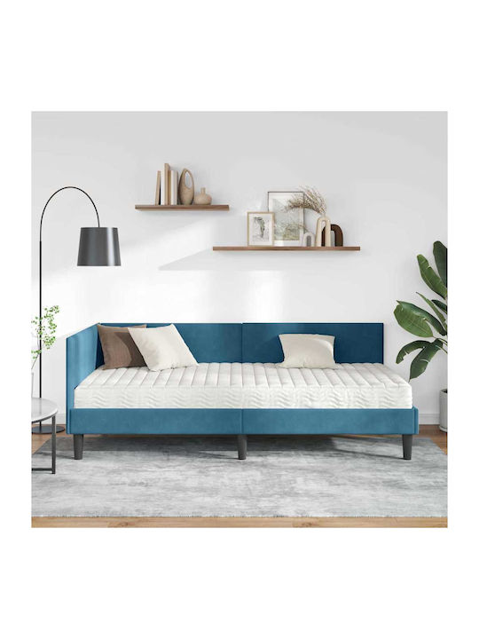 Single Bed Upholstered with Velvet Blue Velvet with Slats and Mattress 80x200cm