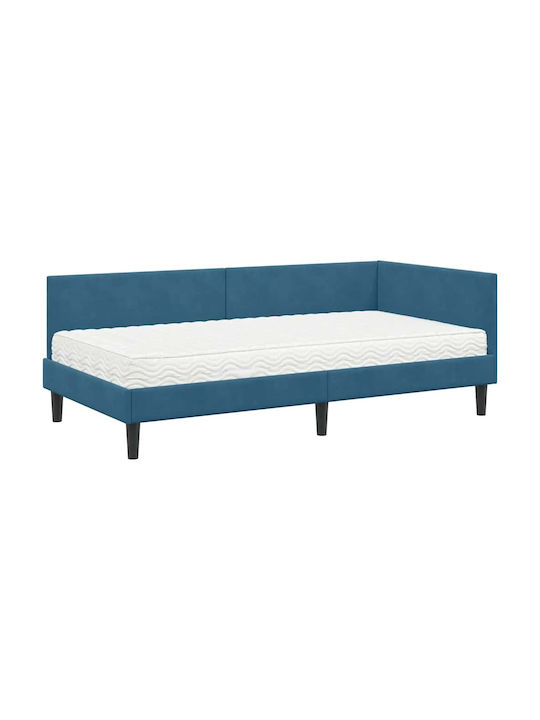 Single Bed Upholstered with Velvet Blue Velvet with Slats and Mattress 80x200cm