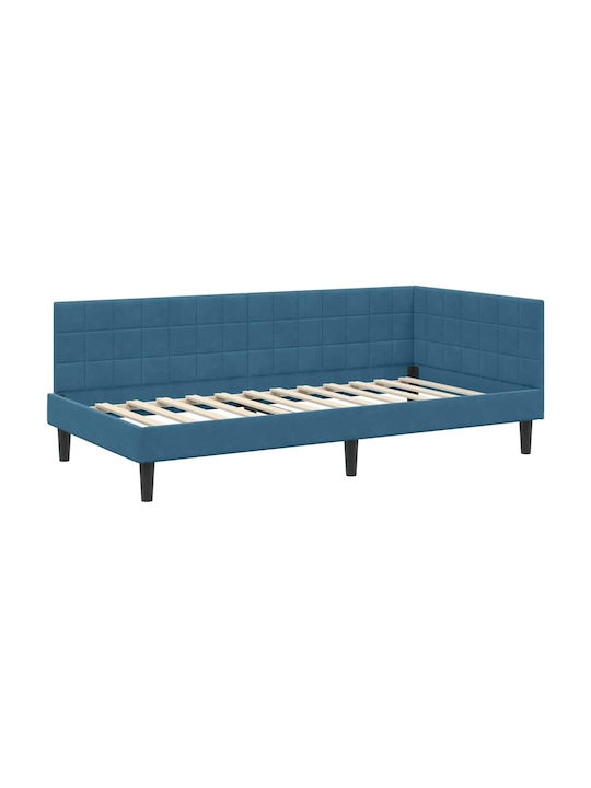 Pat Single Tapițat cu Catifea Albastră Catifea cu Plăci și Saltea 94x190cm