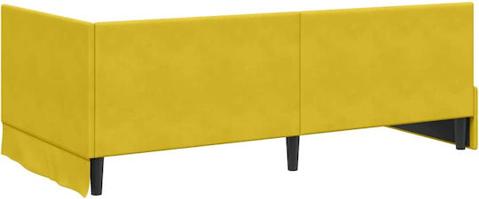 Pat Single Tapițat cu Catifea Galbenă Catifea cu Plăci și Saltea 94x190cm