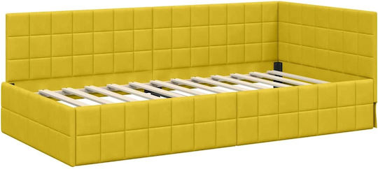 Pat Single Tapițat cu Catifea Galbenă Catifea cu Plăci și Saltea 94x190cm