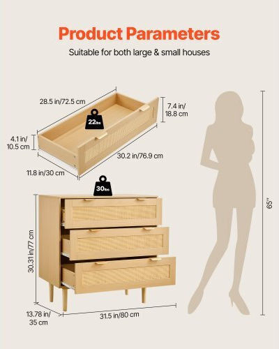 Συρταριέρα Креватокамарас Дървена с 3 чекмеджета Natural Rattan 80x35x77бр