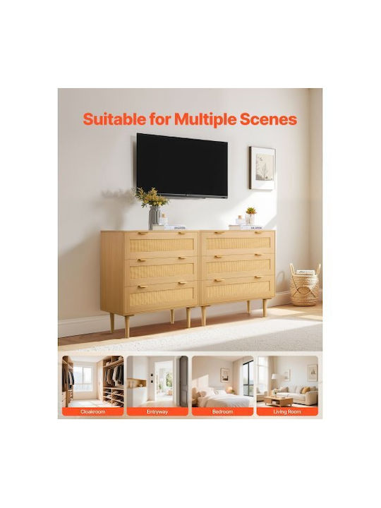 Wooden Chest of Drawers with 3 Drawers Natural Rattan 80x35x77cm