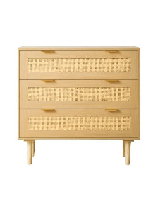 Wooden Chest of Drawers with 3 Drawers Natural Rattan 80x35x77cm