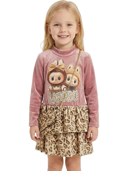Children's Dress Long Sleeve Velvet Animal Print Pink