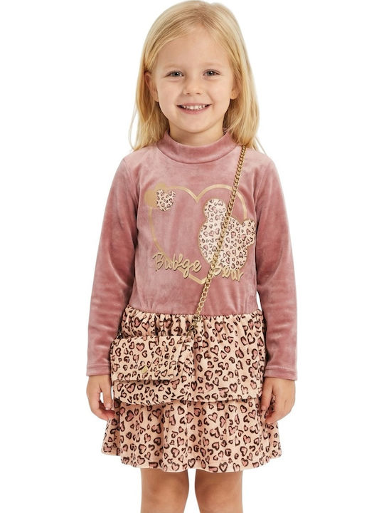 Children's Dress Long Sleeve Velvet Animal Print Dusty Apple