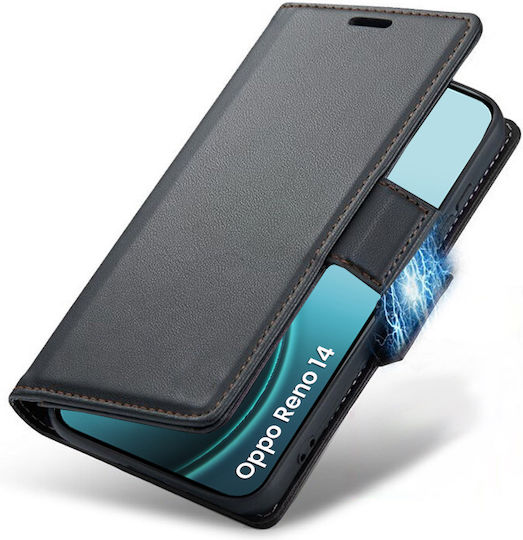 Oppo Reno 14 Erbord Glossy Litchi Brieftasche Klappdeckel Schwarze