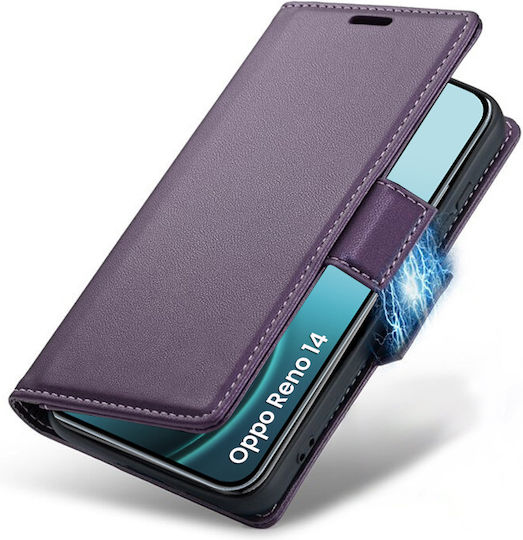 Husă Oppo Reno 14 Erbord Glossy Litchi Tip Portofel Rabatabil Mov