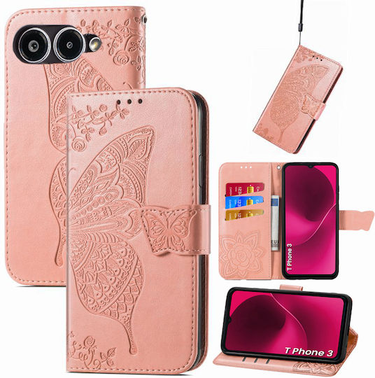 Husă Cu Capac Pliabil T Phone 3 5g Butterfly Roz Roz Auriu