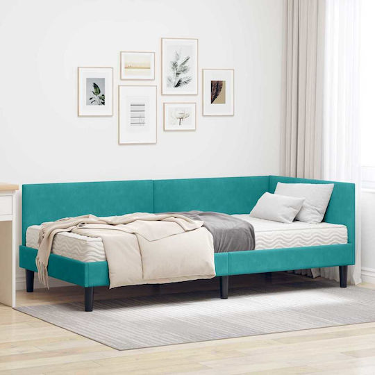 Saltea Pat Single Tapițată cu Catifea Turcoaz cu Plăci și Saltea 94x200cm