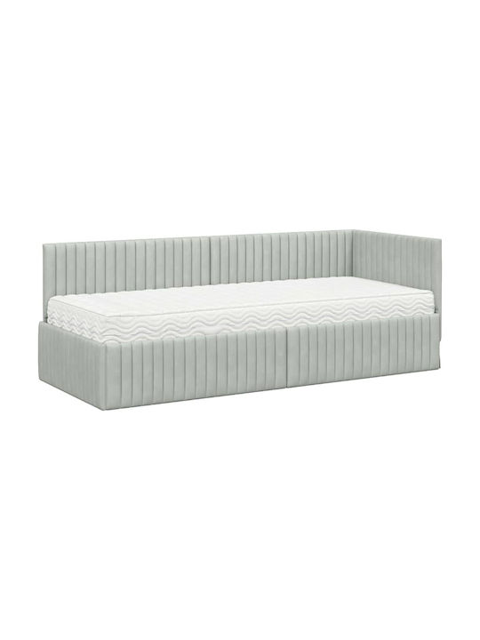 Pat Single Tapițat cu Catifea Gri Deschis cu Plăci și Saltea 80x200cm