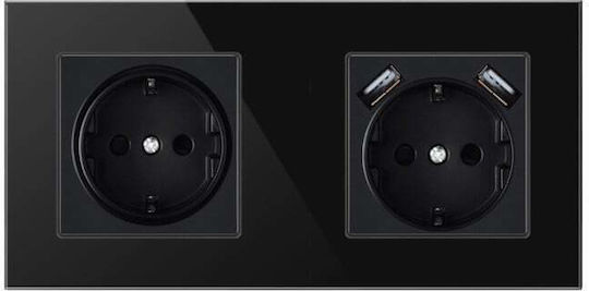 Priză Crystal Tsu2 Dublă 2 X Usb 2.1 A Negru Onyx Sticlă Temperată 16a