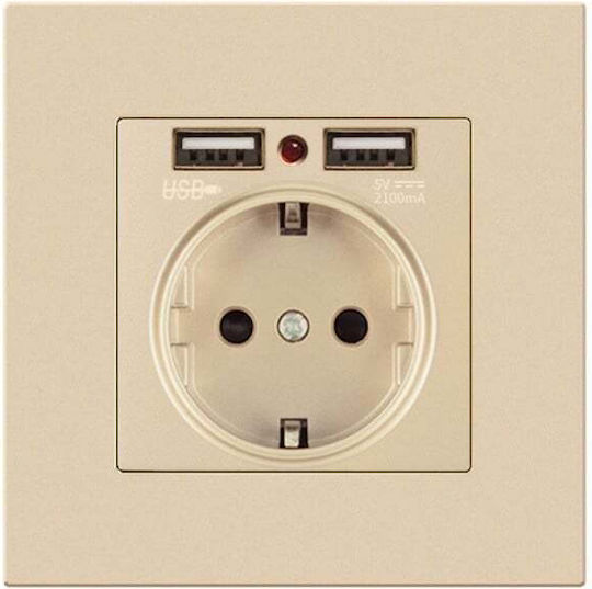 Priză Electrică cu 2 Porturi Usb Ts-pc 110-250v 16a Ignifugă 86x86mm Aurie