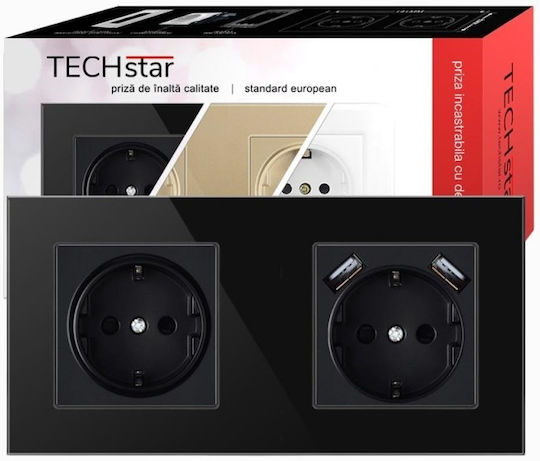 Priză Crystal Tsu2 Dublă 2 X Usb 2.1 A Negru Onyx Sticlă Temperată 16a