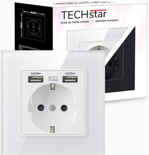 Priză Crystal Tsu1 Simplă 2 X Usb 2.1a Culoare Alb Înghețat Sticlă Temperată 16a