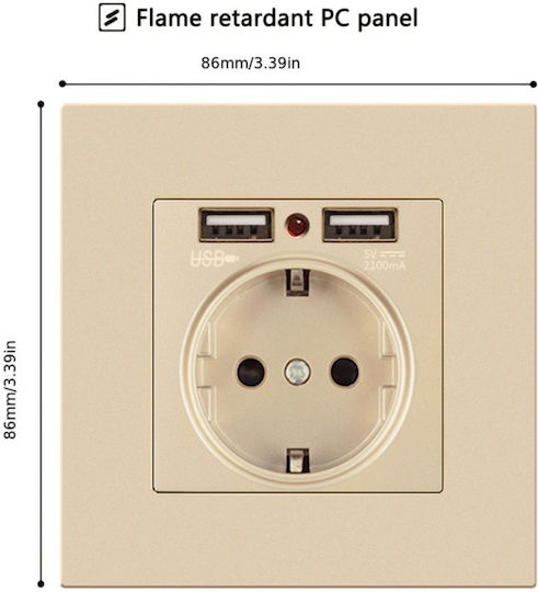 Priză Electrică cu 2 Porturi Usb Ts-pc 110-250v 16a Ignifugă 86x86mm Aurie