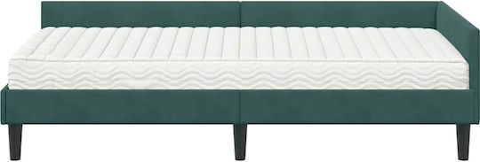 Single Upholstered Bed with Velvet Green with Slats & Mattress 94x200cm