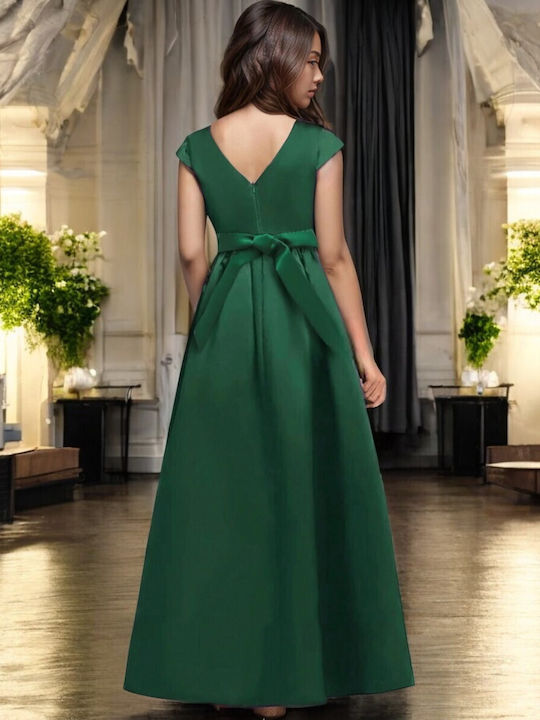 Girls Dress Sleeveless Satin with Accessories Emerald