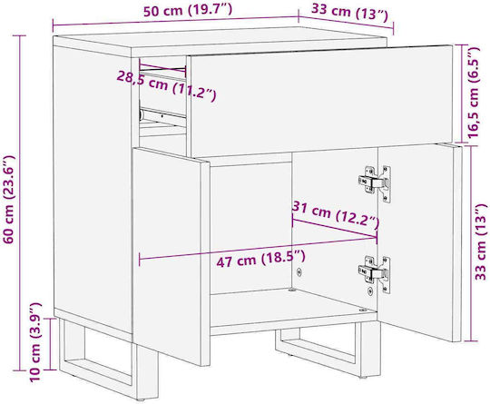 Bedside Table from Solid Wood Brown 50x33x60cm